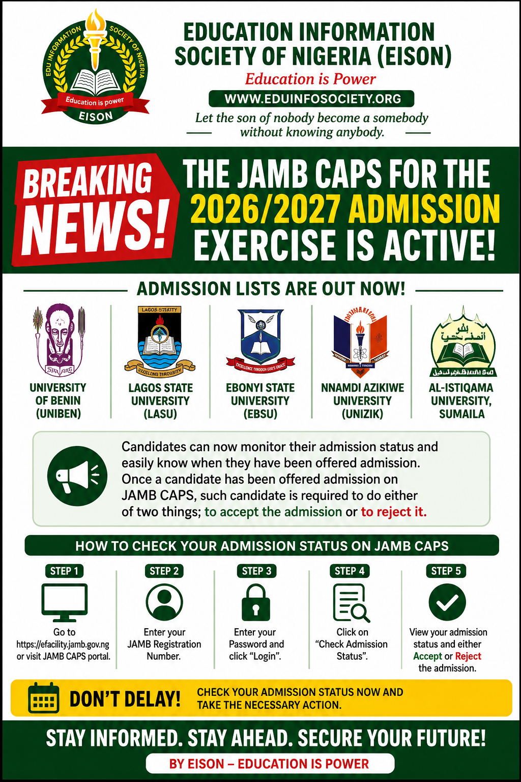 JAMB CAPS FOR THE 2026/2027 ADMISSION EXERCISE IS ACTIVE!