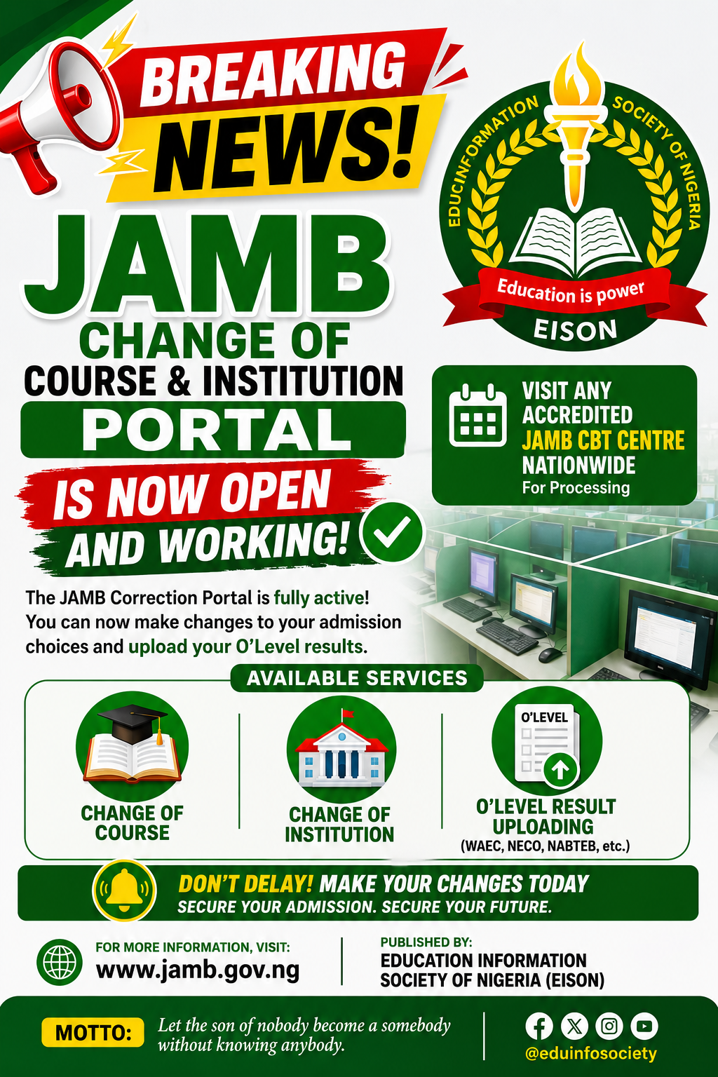 CHANGE OF INSTITUTION AND DEADLINE OF AVAILABLE POST UTME FORMS*