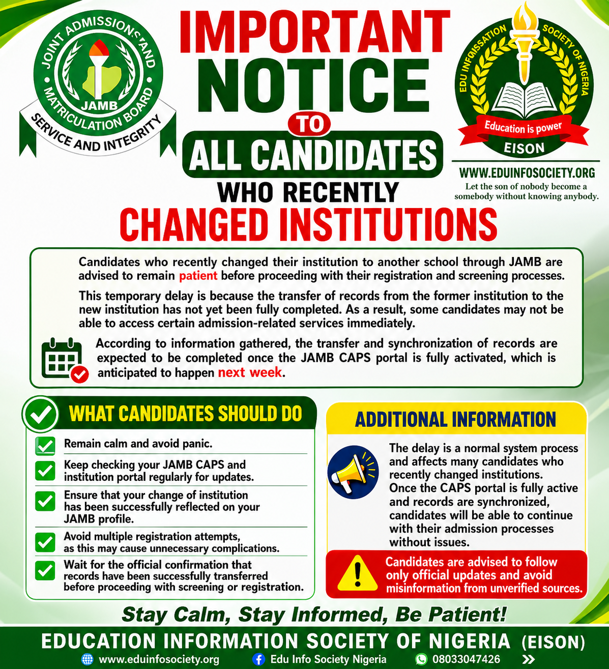 IMPORTANT NOTICE TO ALL CANDIDATES WHO RECENTLY CHANGED INSTITUTIONS